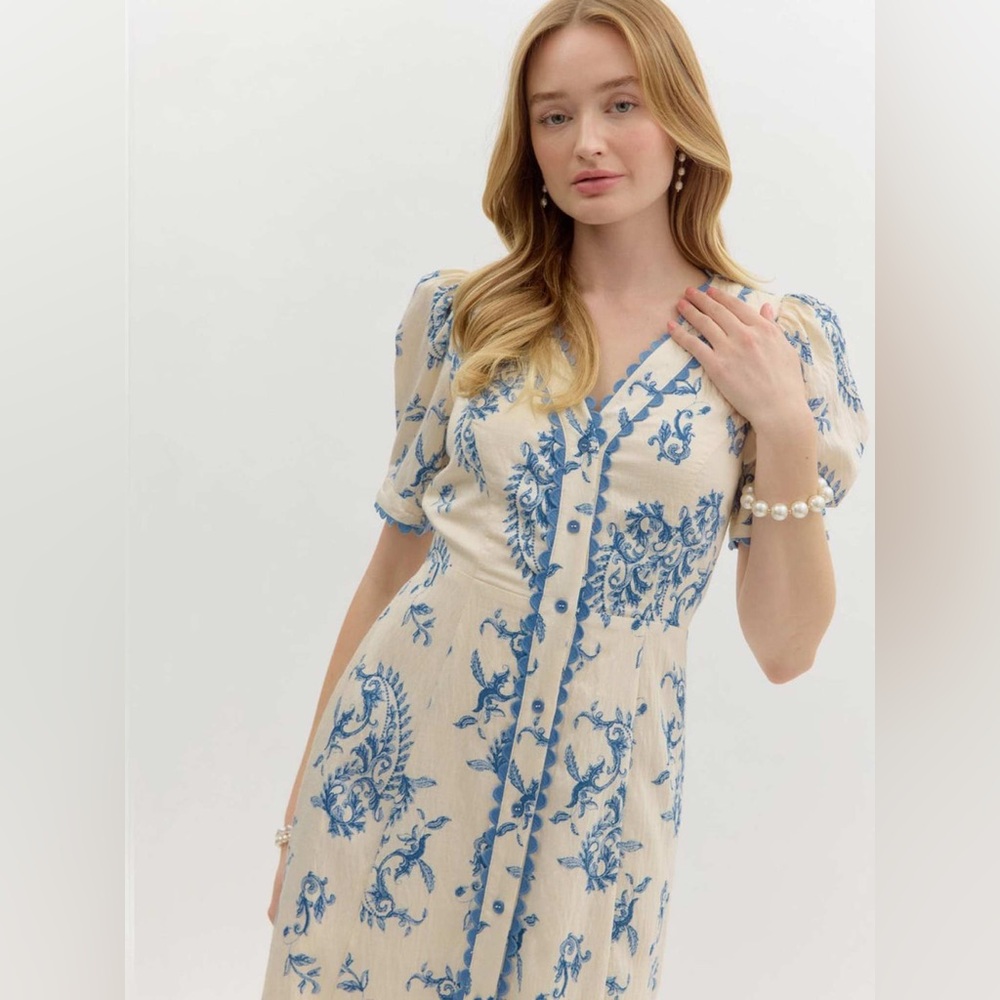 Blue & Cream V-Neck Floral Midi Dress - Picture 2 of 7